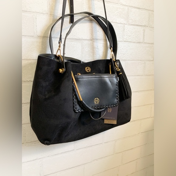NWT House of Harlow 1960 Luxe Satchel Black Faux Suede + Crossbody Strap - Picture 2 of 8